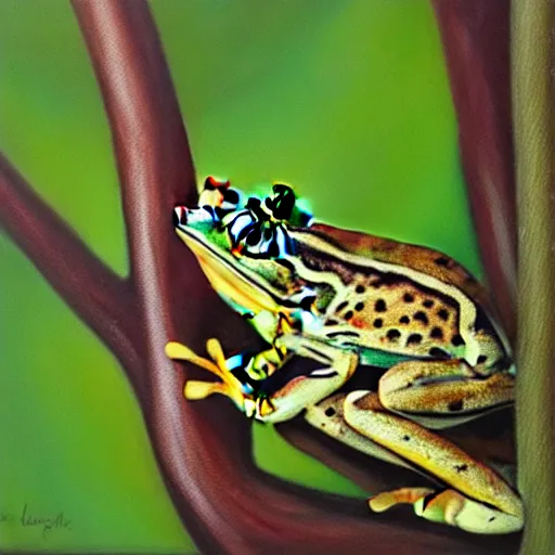 Image similar to beautiful oil painting of common frog sitting on a tree, day light, sunlight swamp, award - winning, matte,