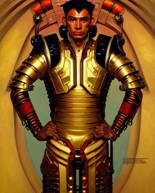 Prompt: portrait of a handsome cyberpunk amazonian man wearing a gold red armor, beautiful symmetrical face, fantasy, regal, by stanley artgerm lau, greg rutkowski, thomas kindkade, alphonse mucha, loish, norman rockwell.