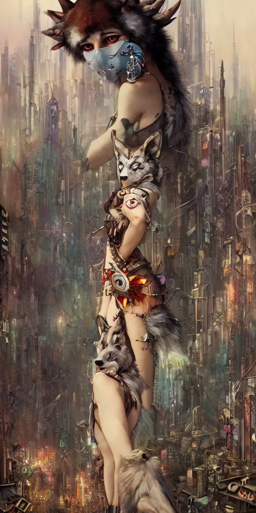 Prompt: hyper realistic Princess Mononoke in her mask, busy cyberpunk metropolis, city landscape, wolves, magic, castle, jewels, style of tom bagshaw, mucha, james gurney, norman rockwell, denoised, sharp