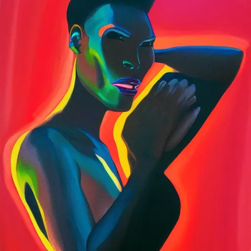 Prompt: a portrait painting of Grace Jones walking down a lit up street in the evening, in the style of Edward Hopper, 4k,