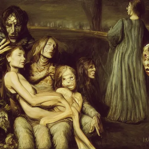 Image similar to painting | mummies | cannibals | vampires | style by millais | 8 k | highly detailed |