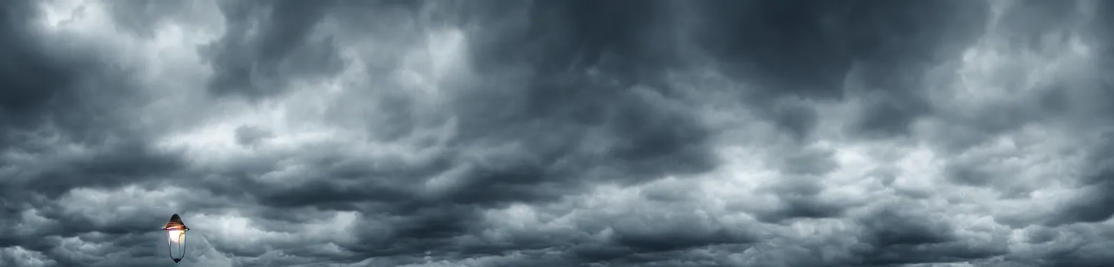 Image similar to Stormy sky with the lightings in the clouds, cinematic render, light bulb in the background, depth of field, ultraphotorealistic, Full HD, 1128x191 resolution