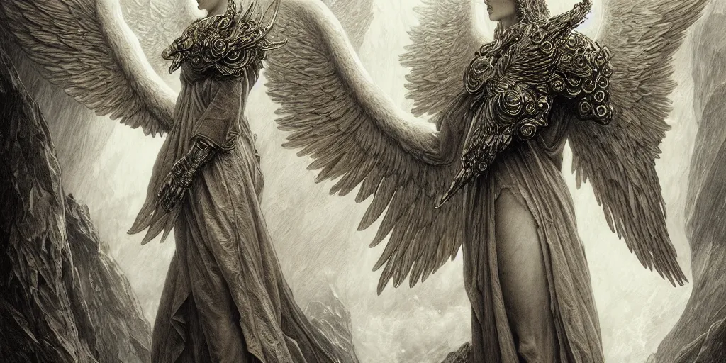 Prompt: immortal archangel wings, elegant beautiful white feathers, engraving, concept art, elden ring, illustration, smooth, sharp focus, by gustave dore and greg rutkowski, hyper realistic, ephemeral, fantasy art, in the style of midjourney, intricate, alphonse mucha, hyper detailed