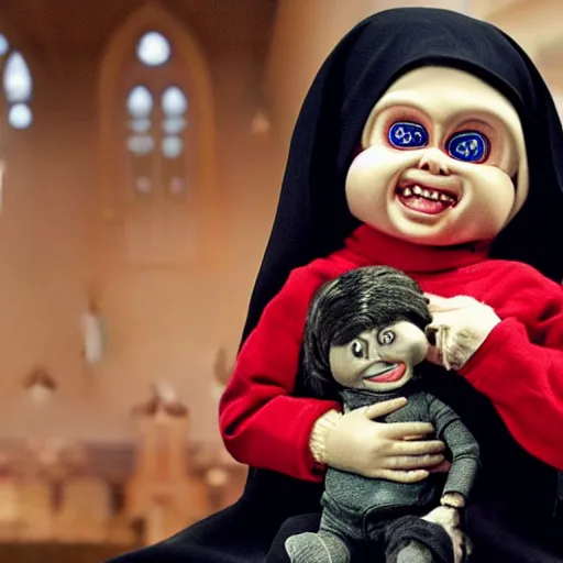 Image similar to a nun in church holding chucky the killer doll on her lap