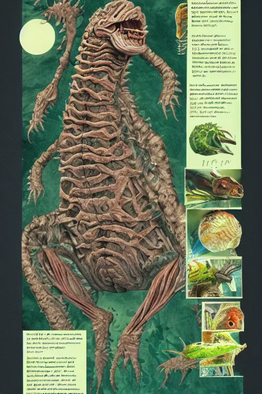 Prompt: biology textbook page, kaiju, 1990s, vintage, anatomy, photographic, kodak portra 400, 8k