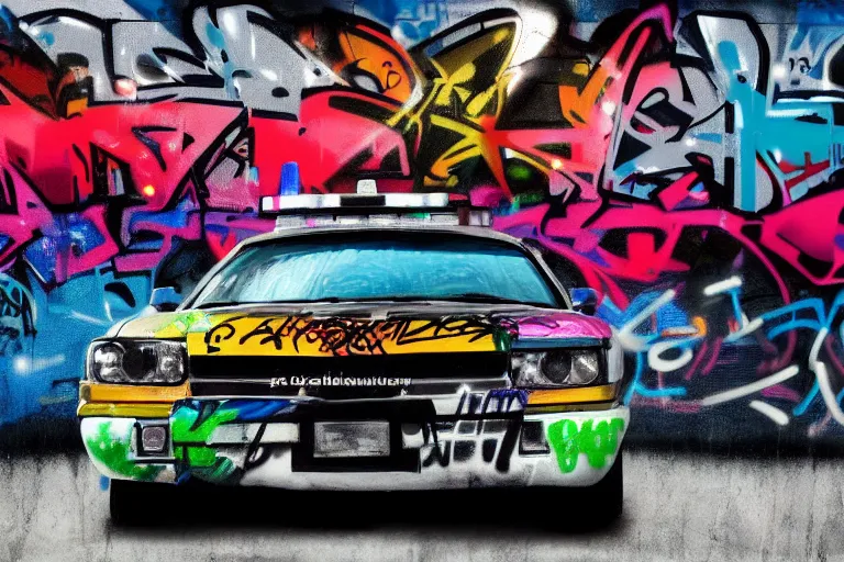 Image similar to a police car covered in graffiti by mia brownell, art by anna hotchkis, antonio saura, very detailed, maximalism, ambient occlusion, volumetric light, atmospheric haze, hyper realism, futuristic but colorful shading, cinematic composition, realistic render, photography, wide shot