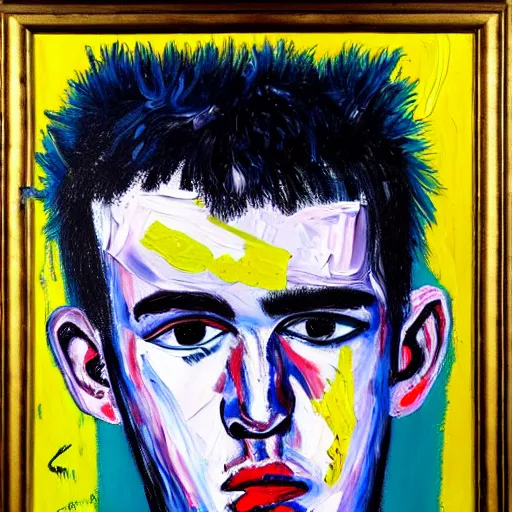 Image similar to detailed neo expressionism oil painting of sad boy lil peep rapper by basquiat