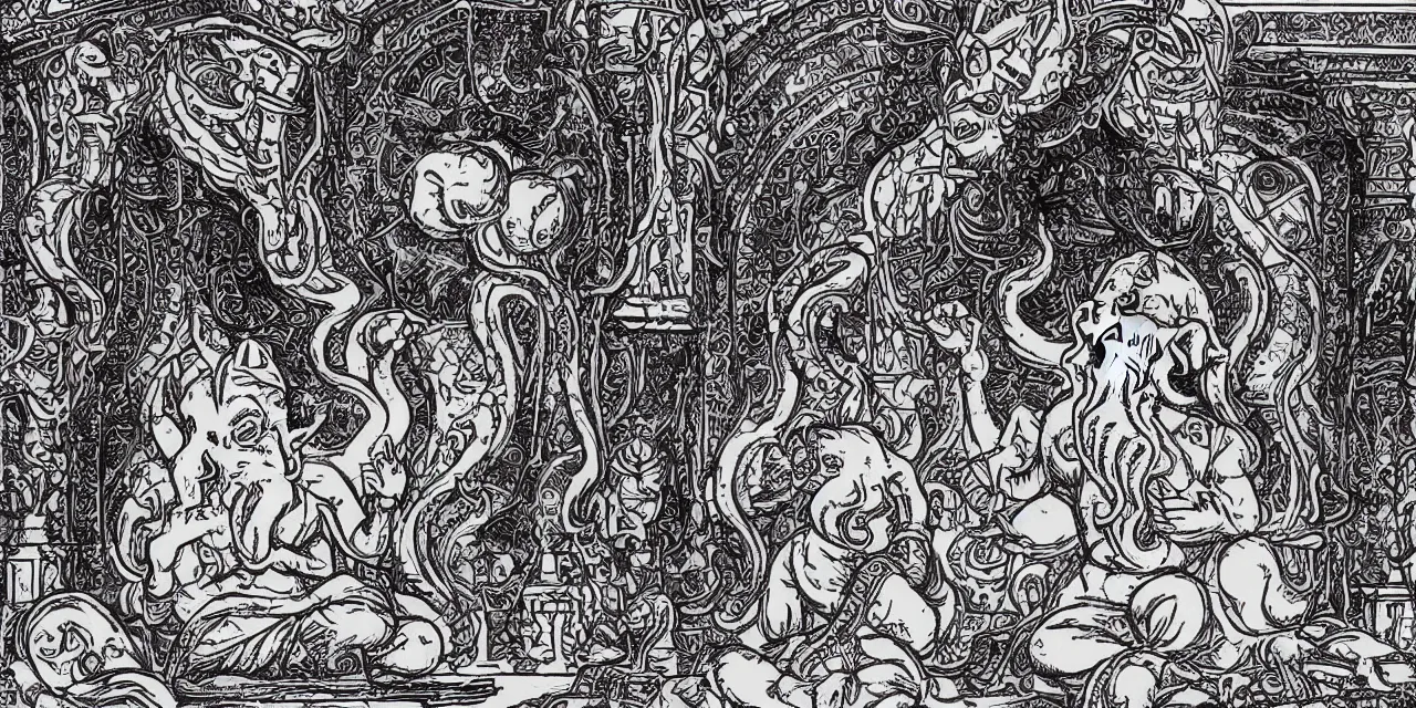 Image similar to inside the palace of pondering, cthulhu and ganesh were building the future by weaving the fabric of time itself