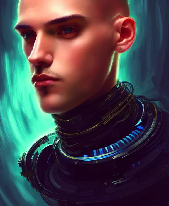 Image similar to a whirlwind inside the metaverse, guy, male, man, science, machine face, fashionable haircut, piercing, half body, neurochip, android, cyberpunk face, by loish, d & d, fantasy, intricate, elegant, highly detailed, colorful, digital painting, artstation, concept art, art by artgerm and greg rutkowski and alphonse mucha