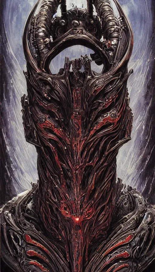 Prompt: Elden Ring and Guyver themed painting of cyber assassin symmetrical breathing armor face mask pattern concept, intricate artwork by H.R. Giger, Johnatan Wayshak, Zdizslaw Beksinski, Ayami Kojima, Amano, Karol Bak, Moebius, and Mark Brooks, Neo-Gothic, gothic, rich deep colors, art by Takato Yamamoto, masterpiece, face by Artgerm, very coherent artwork, cinematic, hyper realism, high detail, octane render, unreal engine, 8k, High contrast, golden ratio, trending on cgsociety