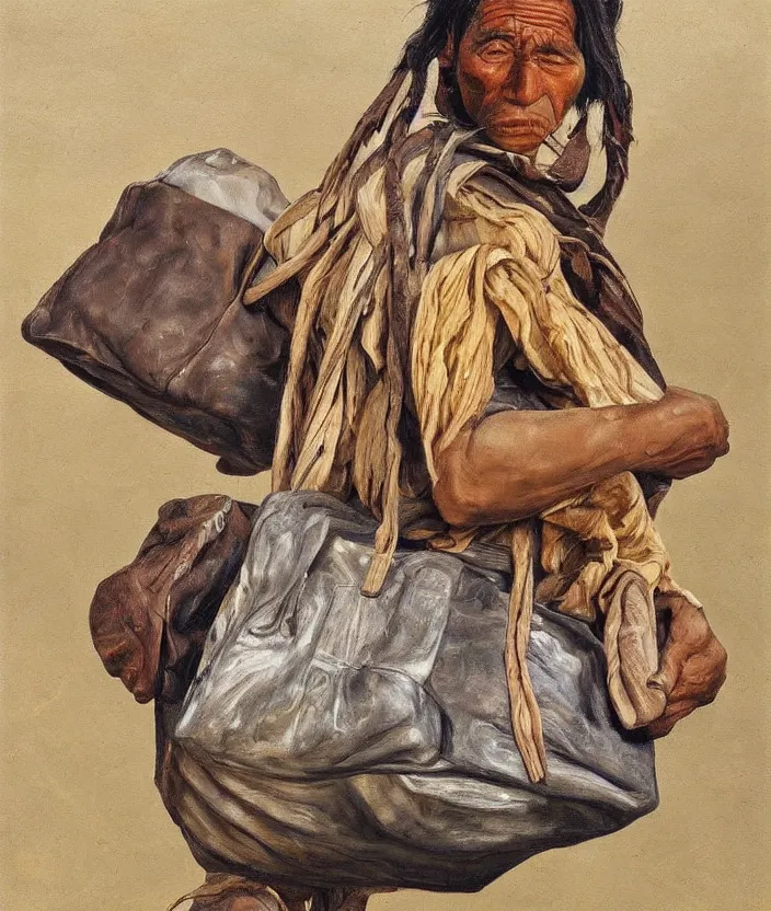 Image similar to indigenous man carrying a lot of bags, painted by lucian freud, hd, super detailed, realistic, muted colors