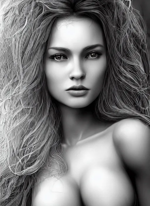 Image similar to up close portrait of a beautiful woman in black and white, photorealistic, intricate hair, art by diego fazio and diegoKoi and oscar Ukono, concept art, sharp focus, artgerm, 8k highly detailed