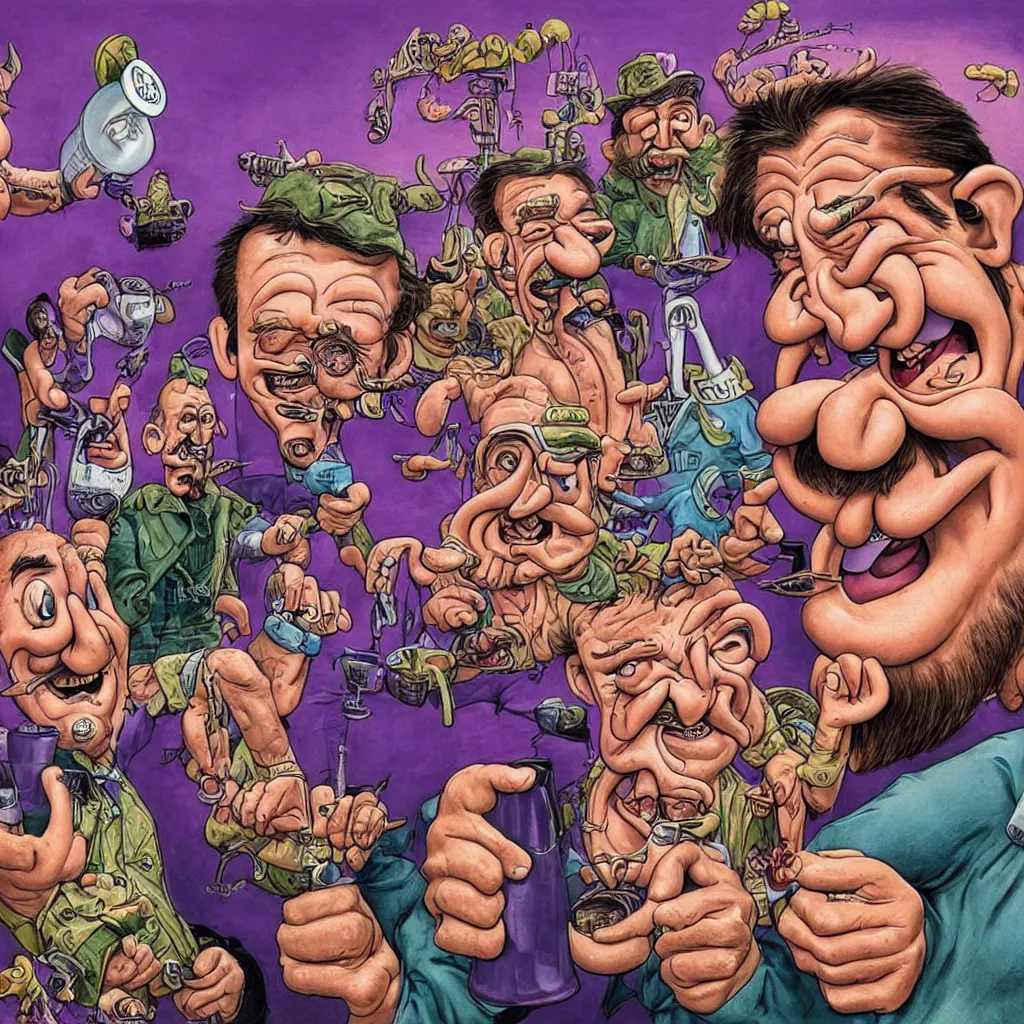 Image similar to promotional art for the movie'unless you hate bullruns ', barry chuckle preparing a batch of purple oil drink, hyperreal detailed facial features and uv lighting, art by ed roth and basil wolverton