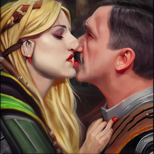 Prompt: Portrait of Sylvanas Windrunner and Adolf Hitler kissing, cinematic shot, trending on artstationhq, oil on canvas