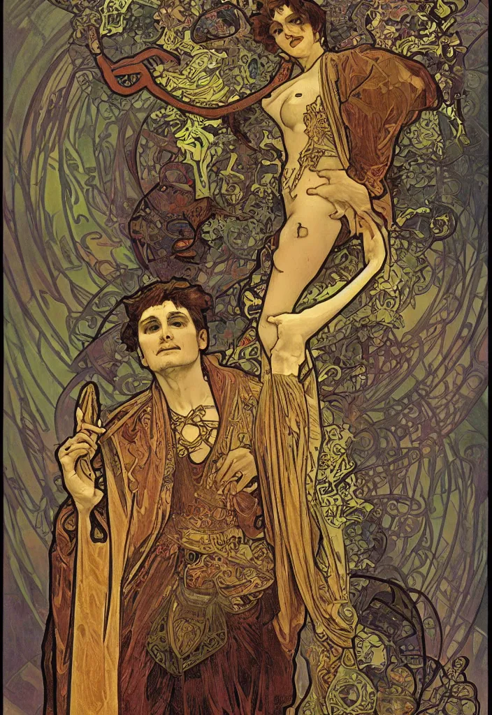 Image similar to Jürgen Schmidhuber as the Devil on a tarot card, tarot major arcana in art style by Alphonse Mucha