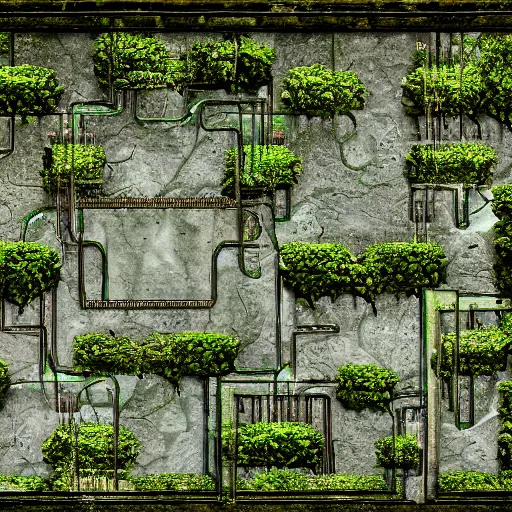 Image similar to An ancient and mysterious computer Integrated Circuit made of stone, mossy foliage, gritty stone texture, terminal screen with an entry menu, large humid, a shaded room with water dripping from the side and huge hallways going to all sides, high ceilings, artistic render, mist, soft light ray