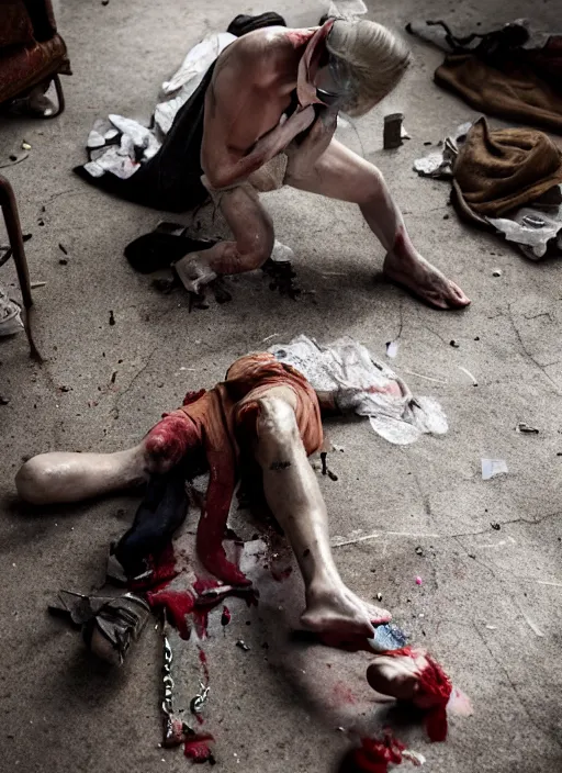 Image similar to poor, suicide, rope, sweat, chair, feet, finger, cried, hurt, blood, trash. highly details, 4 k, uhd, most incredible modern photography awards, anna forsterling, saul bromberger, hoang long ly, yulia nevskaya, suzanne engelberg, dale odell,