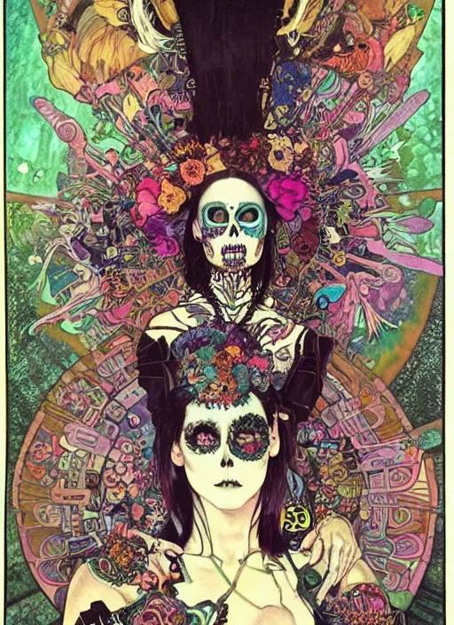 Image similar to cute punk goth fashion fractal Día de los Muertos tattooed alien girl posing, psychedelic poster art of by Victor Moscoso Rick Griffin Alphonse Mucha Gustav Klimt Ayami Kojima Amano Charlie Bowater, masterpiece