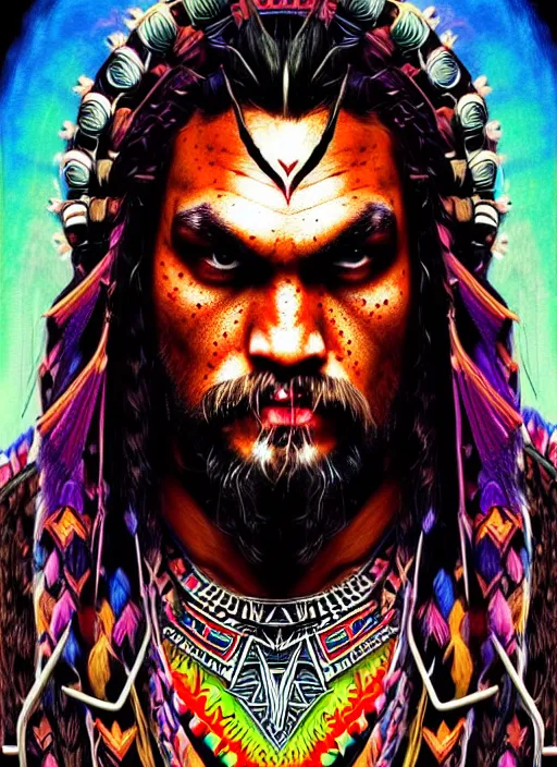 Image similar to portrait of jason momoa, hyper detailed ultra sharp aztec shaman warrior. trending on artstation, warpaint aesthetic, bloodwave, colorful, psychedelic, ornate, intricate, digital painting, concept art, smooth, sharp focus, illustration, art by artgerm and greg rutkowski and h. r. giger, 8 k