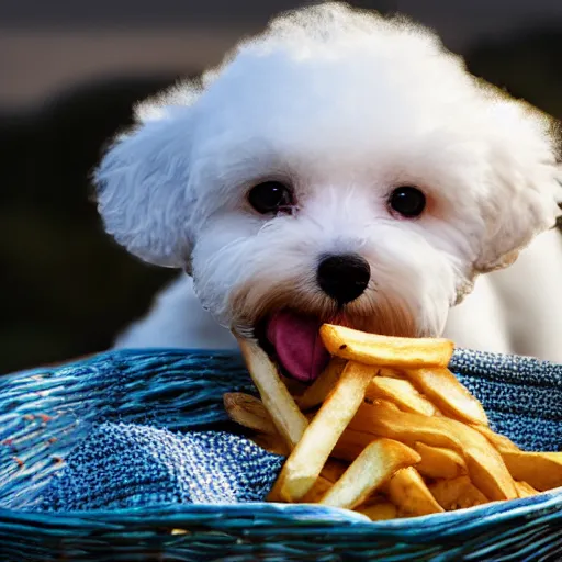 Image similar to a photorealistic photograph of a smiling knitted white bichon puppy eating basket of french fries during sunset at the beach Trending on artstation, featured on Behance, well-rendered, Unreal Engine, 4K HD