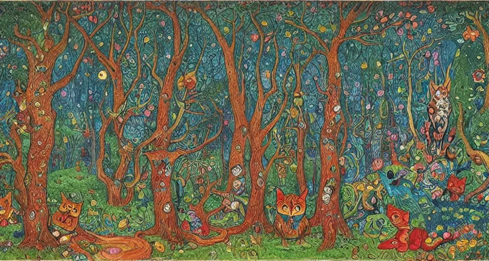 Image similar to Enchanted and magic forest, by Louis Wain