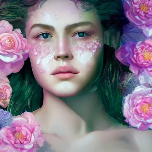 Image similar to portrait of the most beautiful woman surrounded by soft florals, vaporwave lighting, dewy skin, concept art, high detail, beautiful, dreamy, blender