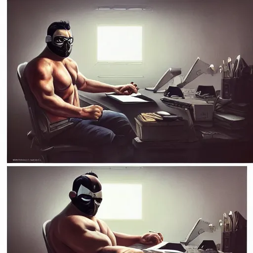 Prompt: a insanely detailed painting of a stocky masked asian man wearing a superhero costume sitting at a desk, staring at the nervously at the computer and typing, in the style of peter mohrbacher, dramatic lighting and composition, trending on artstation, concept art, comic book