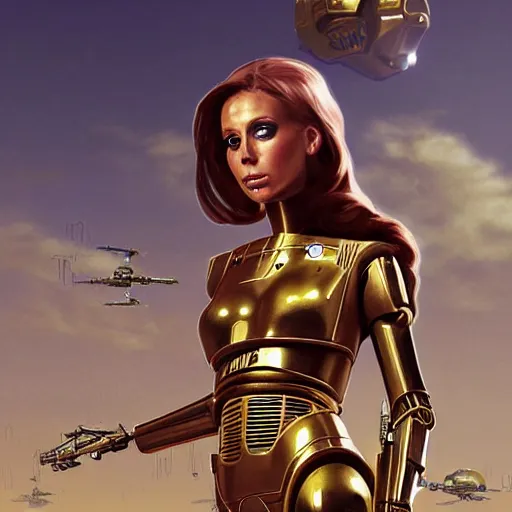 Image similar to portrait of Madison Ivy as C3PO Star Wars droid, looking at camera, intricate, dystopian, sci-fi, extremely detailed, octane render, digital painting, concept art, smooth, sharp focus, illustration, incredible art by artgerm and greg rutkowski and alphonse mucha and simon stalenhag