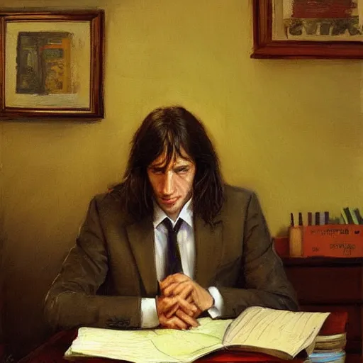 Prompt: scene at office with an handsome man of 3 9 years old, green eyes, light brown, good looking, wide round nose, mid long hair, in an office by david rutkowski, by artgem