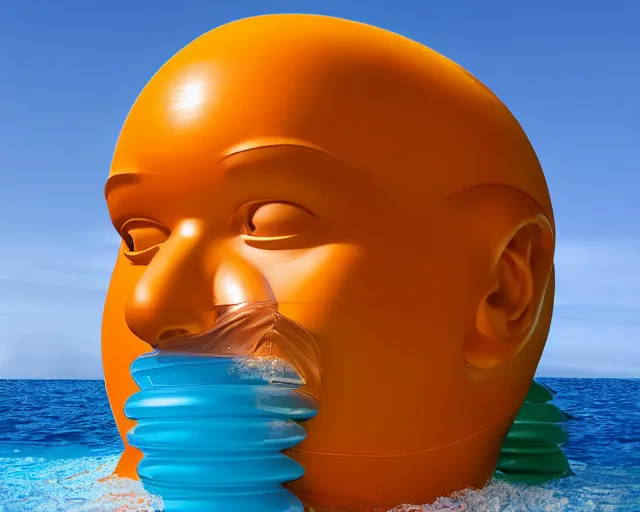 Prompt: a long shot of a giant award winning sculpture made out of inflatable pool toys in the shape of a human head, on the surface of the ocean, in the style of chad knight, hyper detailed, hyper realistic, ray tracing, 8 k resolution, sharp focus, realistic water