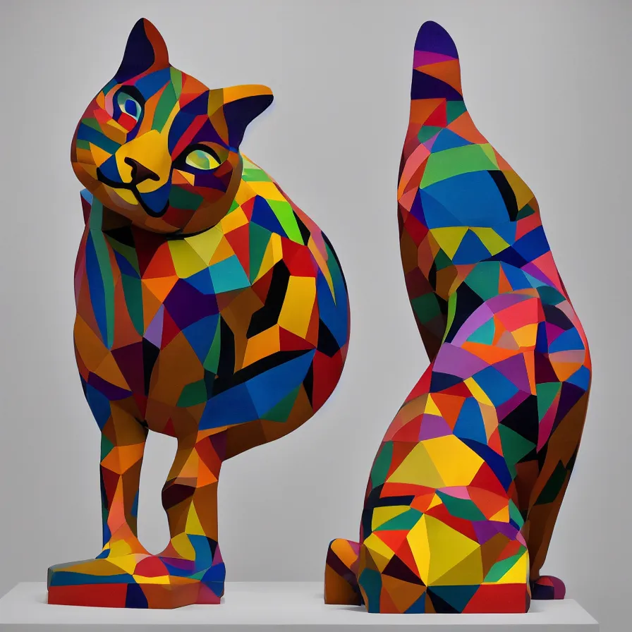 Image similar to beautiful gallery show studio photograph of a giant realistic geometric ceramic sculpture of a cat!!!!, garfield, heavily glazed by bridget riley and victor vasarely, placed on a polished wooden table, colorful hyperrealism 8 k trending on artstation