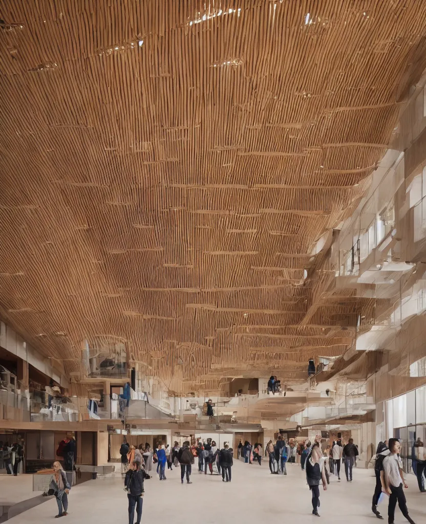 Prompt: a complex building interior, large wood joinery, people walking