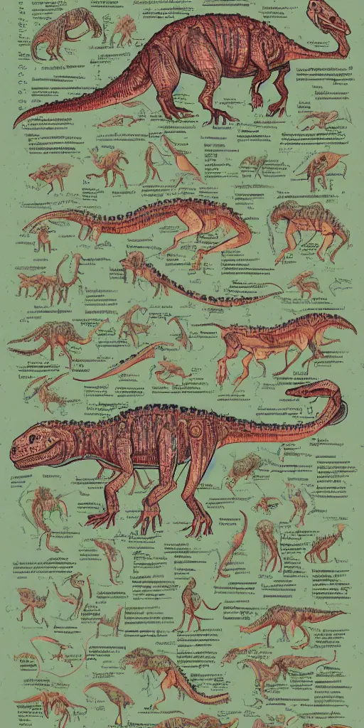 Image similar to anatomy of a dinosaur, diagrams, map, marginalia, sketchbook, old script, inhabited initials, pastel infographic by Wes Anderson and victo ngai