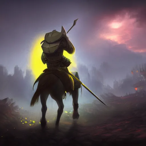 Image similar to A knight travelling through a desolate village as a sickly yellow light bleeds through the clouds,