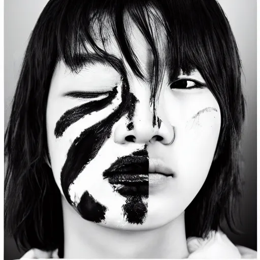 Image similar to hyper realistic k - pop idol black and white portrait with facial scars