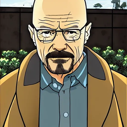 Image similar to Walter White from Breaking Bad in anime art style, highly detailed,