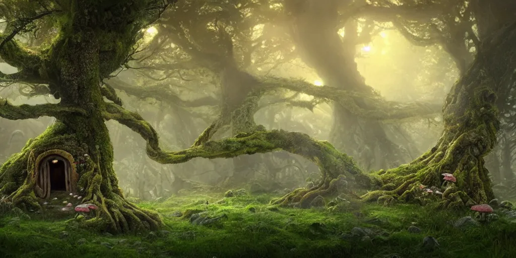 Prompt: a photorealistic cg render of huge old twisted tree with tiny mossy hobbit houses built into it, covered in moss, flowers and mushrooms, hints of peter mohrbacher, georges remi, albert uderzo, super - realistic, insanely intricate and detailed, sunset, volumetric lighting, god rays, 4 k, high definition