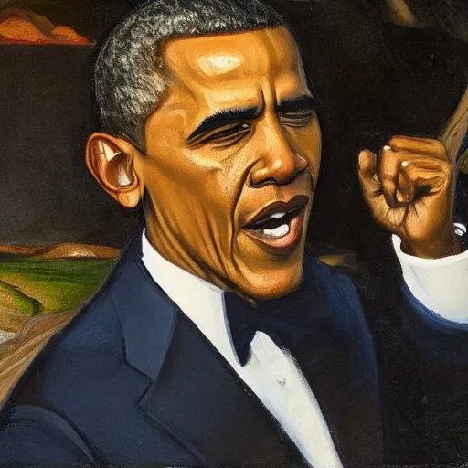 Image similar to obama shouting on skrik munch's painting, museum masterpiece, worth a lot, sothebys