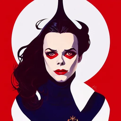 Image similar to Joshua Middleton comic art, wide shot, stunning elegant female Natalie Wood, white mask, beautiful evil sneer, symmetrical face, symmetrical eyes, leather clothing and boots, long straight red hair, full body, Indigo occult pattern