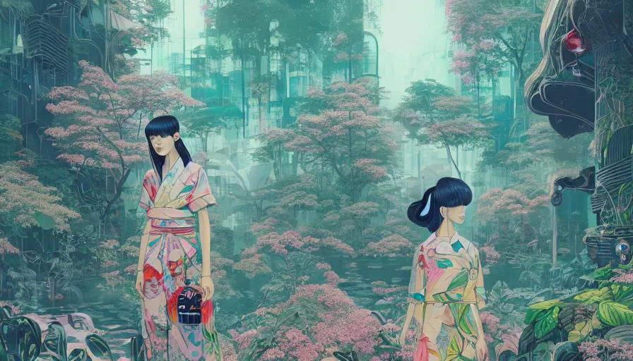 Image similar to a digital painting of a woman in the distance wearing gucci exploring a magical japanese temple, lush plants and flowers, eco - cyberpunk art by james jean, cgsociety, retrofuturism, anime aesthetic, chromatic, iridescent, uhd