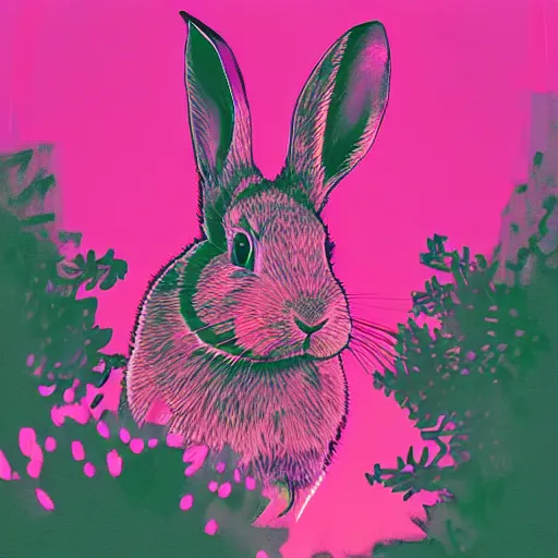 Prompt: a painting of a rabbit in the shrubs at night with a pink neon heart above it, a digital painting by Peter Mohrbach and liam wong, behance contest winner, art on instagram, digital painting, retrowave