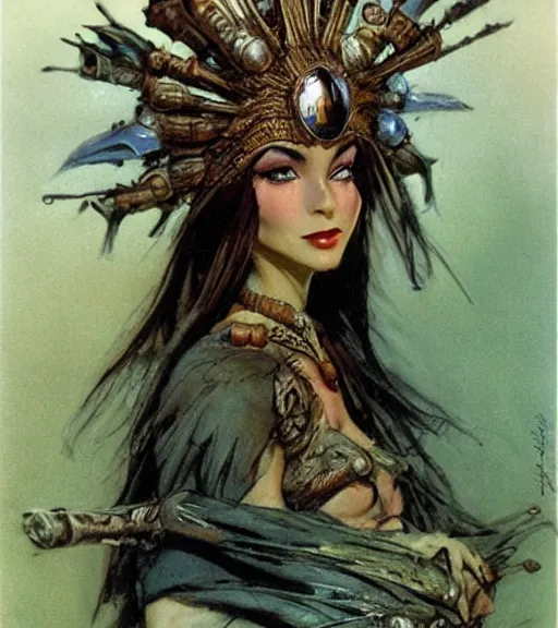 Prompt: princess of the wasteland, scrap metal headdress, strong line, deep color, high contrast, beautiful! coherent! by brian froud, by frank frazetta, low angle