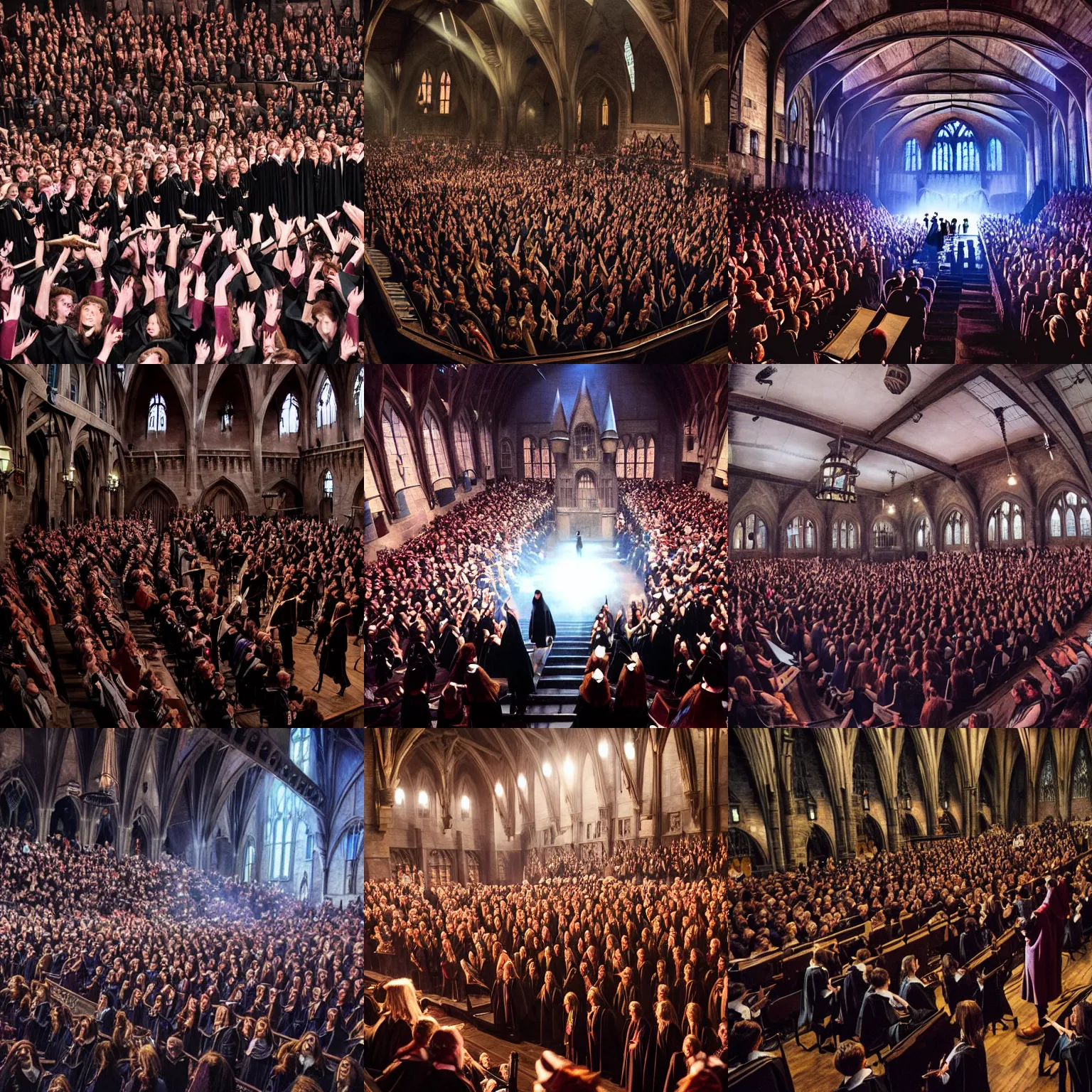 Prompt: Hogwarts hosts a concert starring Harry Potter screaming with his adoring fans, cinematic photograph, high angle, energetic, magic, lightning
