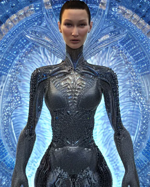 Image similar to a highly detailed metahuman 4 k close up render of an alien goddess bella hadid as alien in iris van herpen dress schiaparelli in diamonds crystals swarovski and jewelry iridescent in style of alphonse mucha gustav klimt trending on artstation made in unreal engine 4