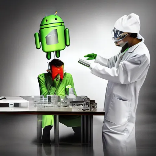 Image similar to a scientist standing over an android. the android is sitting in a dentist's chair. a white viscous liquid is pouring from the scientist's mouth like a river, into the mouth of the android. 3 5 mm 8 k hdr realistic