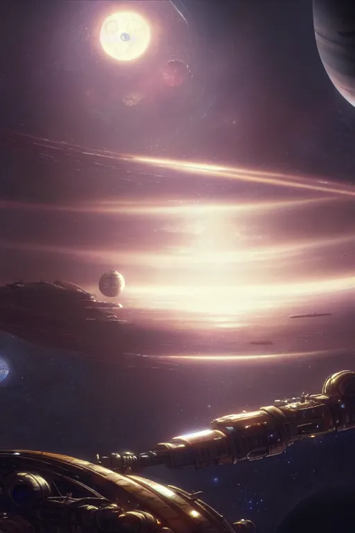 Image similar to steampunk spaceship infront of a planet, exquisite details, denoised, mid view, by karl kopinski, artsation, greg rutkowski, makoto shinkai, takashi takeuchi, studio ghibli