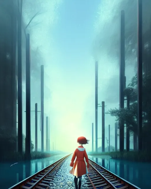 Image similar to photo of chihiro walking along train tracks stretching out toward the horizon that are submerged under a few inches of water, intricate, elegant, highly detailed, digital painting, artstation, concept art, smooth, sharp focus, illustration, art by artgerm and greg rutkowski and fra angelico