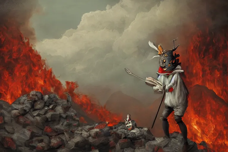 Image similar to a highly detailed pulcinella!! from naples, pizza!, volcano, black sky, smoke, fire lava, post - apocalyptic vibe, full body, wide angle, an ultrafine detailed painting by rivorio mok, trending on deviantart, whimsical, lowbrow, perfect symmetrical face, sharp focus, octane, masterpiece