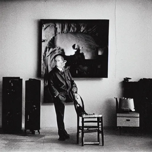 Image similar to underexposed photo of Marcel Duchamp in a room full with an ancient machine, tri-x, Irving Penn, Jeff Wall, archival pigment print, contemporary art