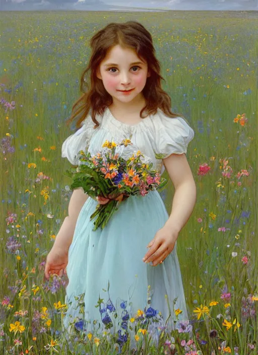 Image similar to a cute little girl with a round cherubic face, blue eyes, and short wavy light brown hair smiles as she stands in a field of colorful wildflowers. she is wearing a turquoise dress and holding a bouquet of wildflowers. beautiful painting by artgerm and greg rutkowski and alphonse mucha